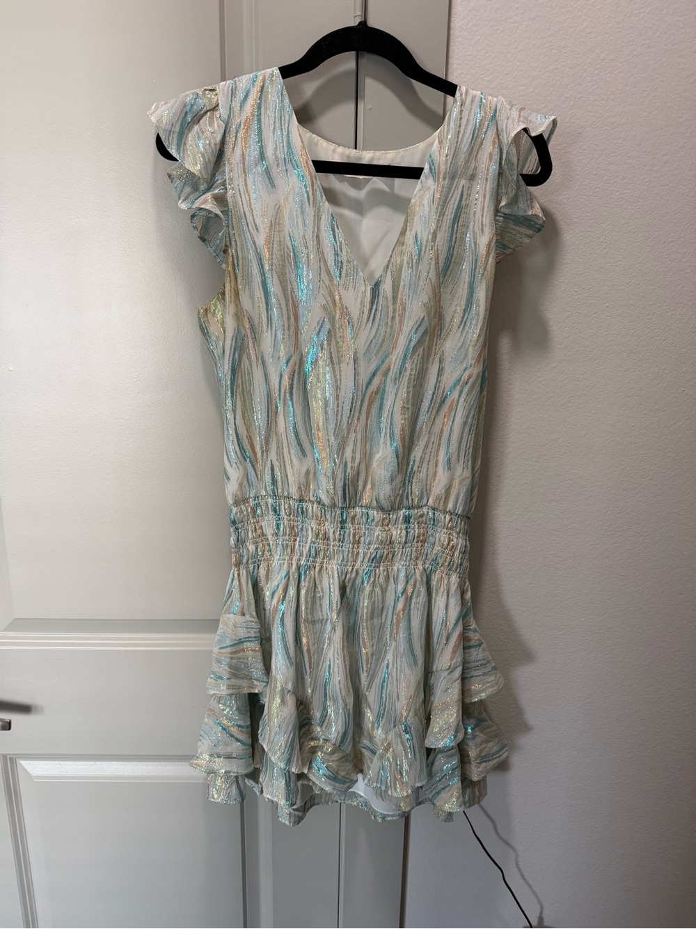 Ramy Brook White Dress with Teal and Gold Metallic Accents